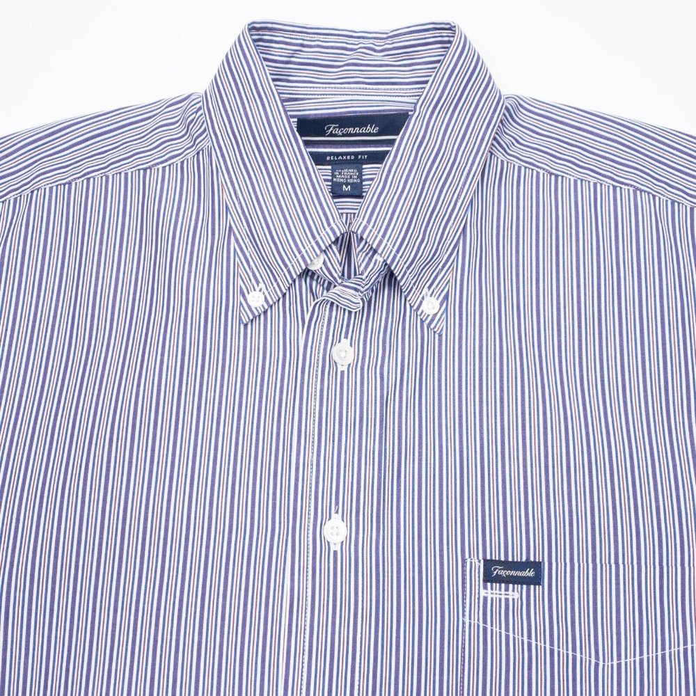 Faconnable Striped Shirt Men's Medium Relaxed Fit Short Sleeve Button-Down Blue